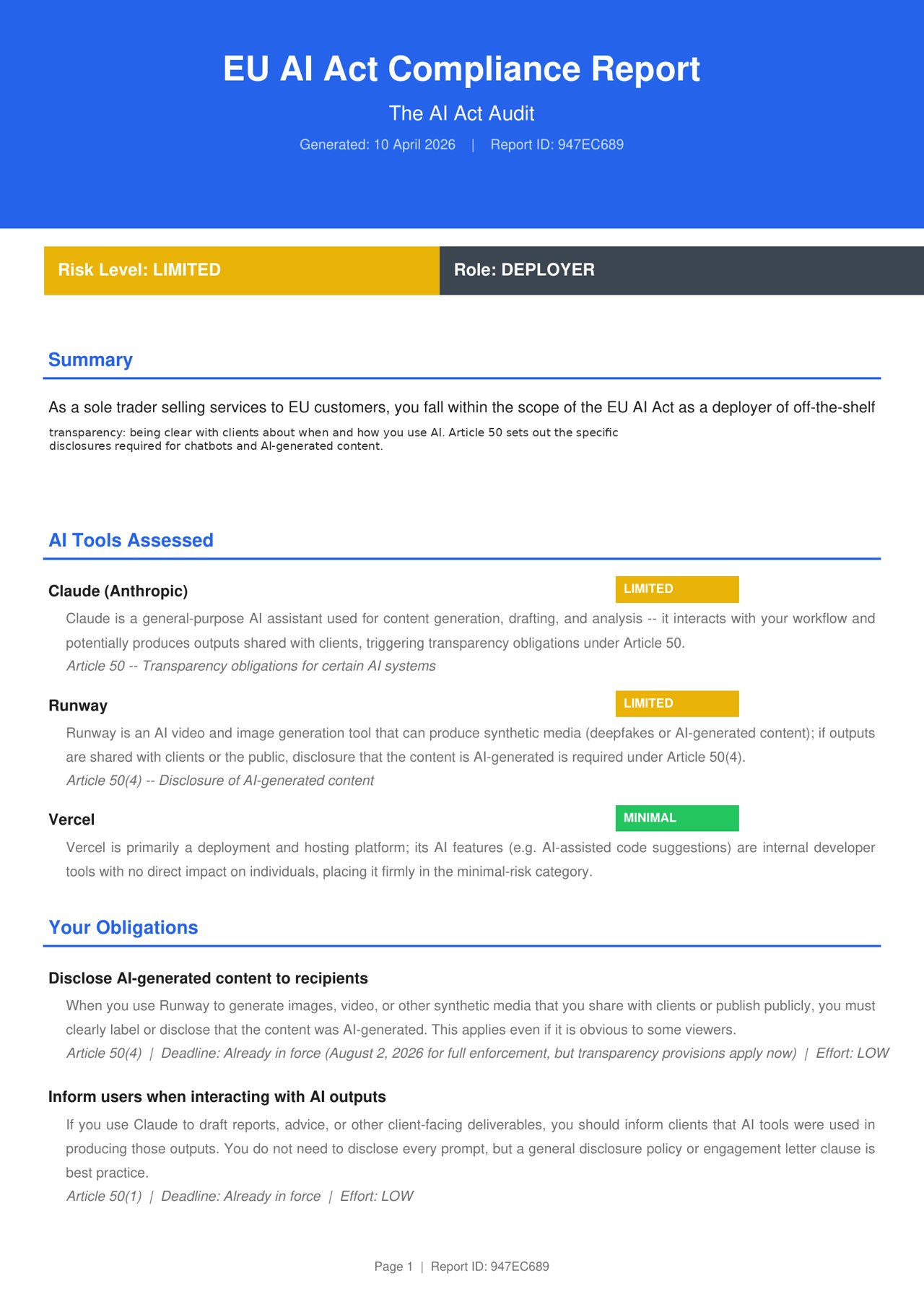 Sample EU AI Act compliance report — page 1